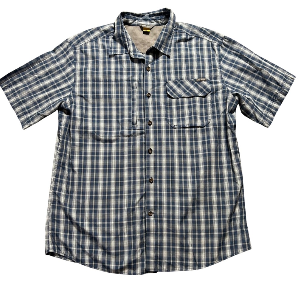 Eddie Bauer First Ascent Button Up Mens L Blue Plaid Short Sleeve Utility Shirt